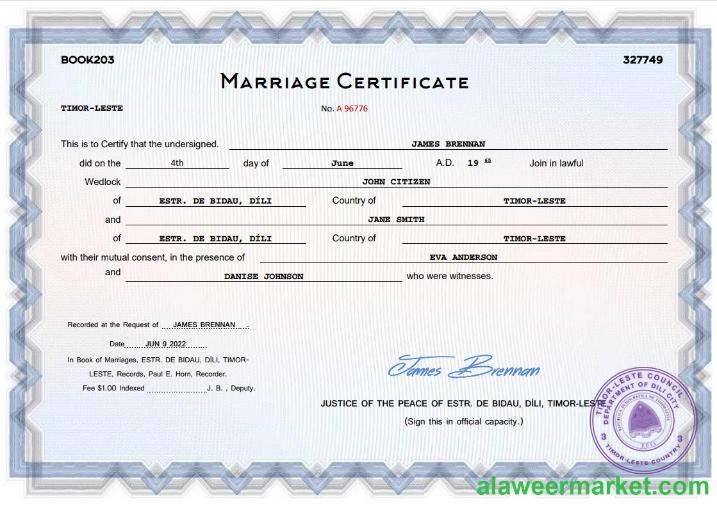 Timor-Leste marriage certificate Word and PDF template